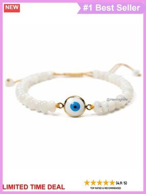 Handmade Evil Eye Bracelet Mother of Pearl 6mm Gold Plated Charm Adjustable